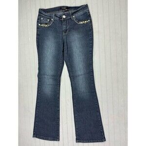 Roz & Ali Size 4 Womens Jeans Flare Bling Pockets Dark Wash Mid Rise Stretch